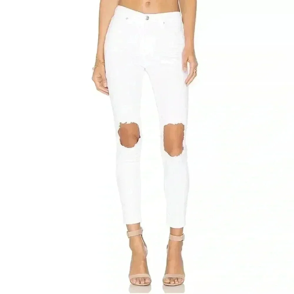 [W28] Free People  OB636273R Busted Knee Skinny High Rise Ankle Jeans White - Picture 1 of 7